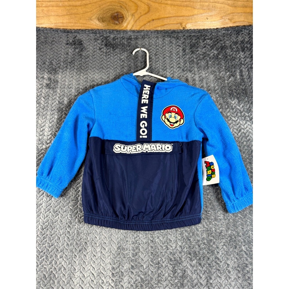 Super Mario Bros Fleece Jacket Boys 4 Navy Blue Graphic Gamer Hooded Quarter Zip